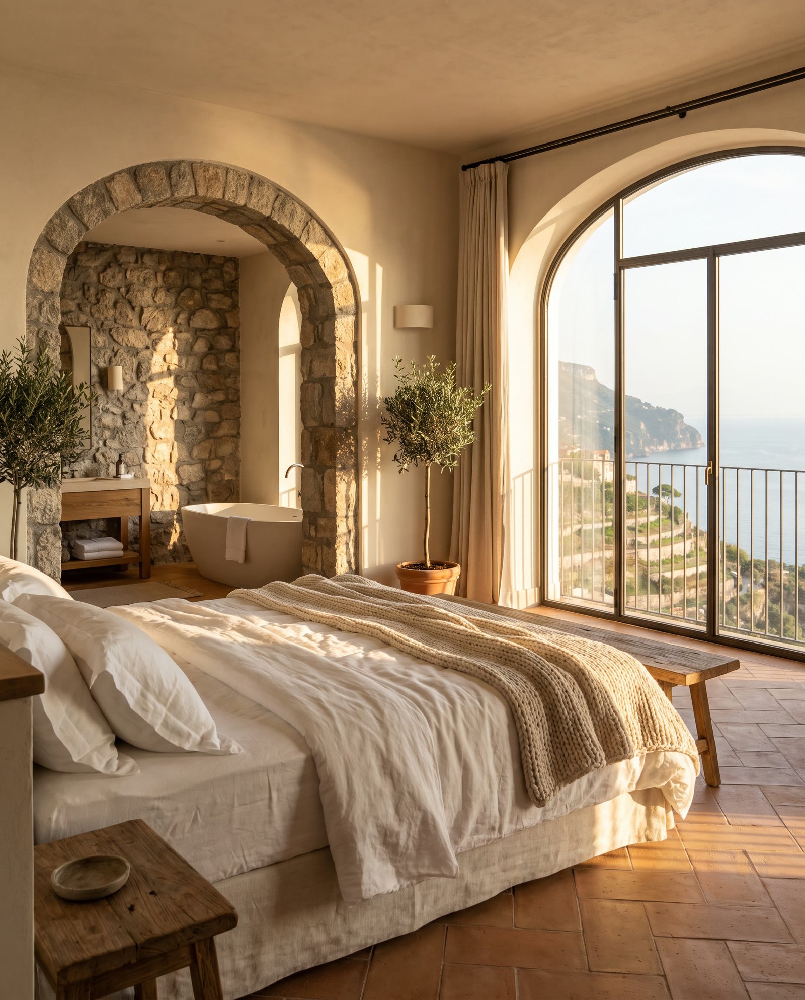 Guest suite interior at Aurelia Retreat with linen bed and stone bathroom.