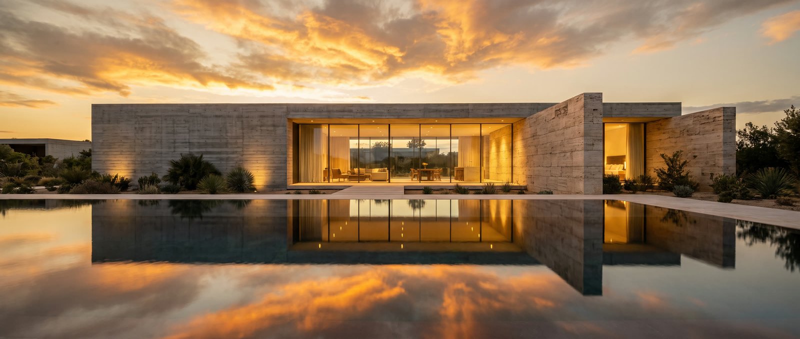 Minimalist modern villa at dusk with warm interior light, board-formed concrete and travertine stone facade.